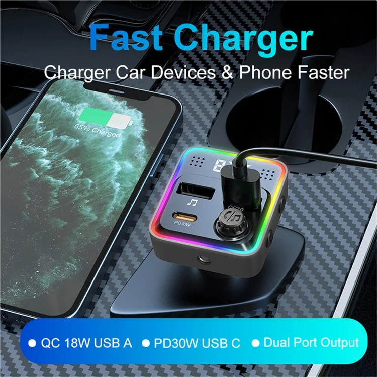 C71 Bluetooth-compatible Car Charger 3-in-1 PD 30W Cigarette Lighter Charger Adapter with FM Transmitter