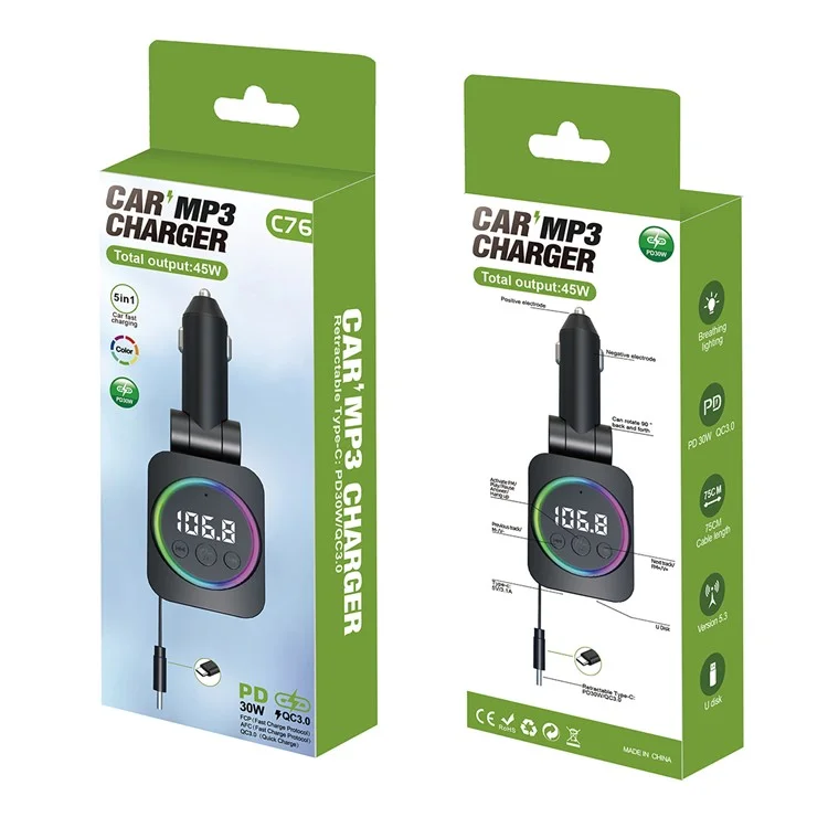 C76 PD 30W Car Charger with Retractable Cable  /  Cigarette Lighter Adapter  /  Bluetooth-compatible FM Transmitter