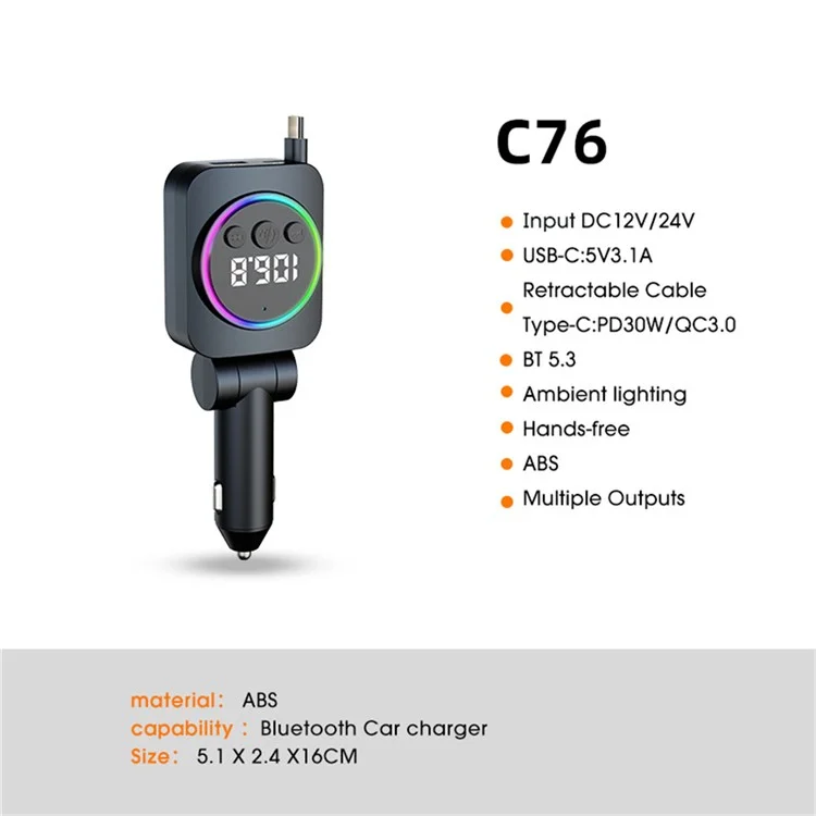 C76 PD 30W Car Charger with Retractable Cable  /  Cigarette Lighter Adapter  /  Bluetooth-compatible FM Transmitter