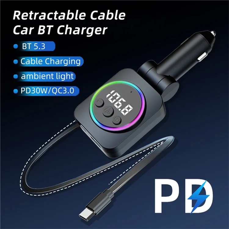 C76 PD 30W Car Charger with Retractable Cable  /  Cigarette Lighter Adapter  /  Bluetooth-compatible FM Transmitter