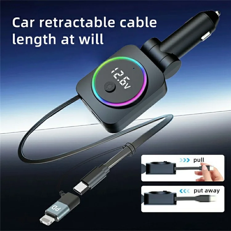 K38 USB + Type-C Car Charger PD 30W Fast Charging Cigarette Lighter Adapter with Retractable Cable