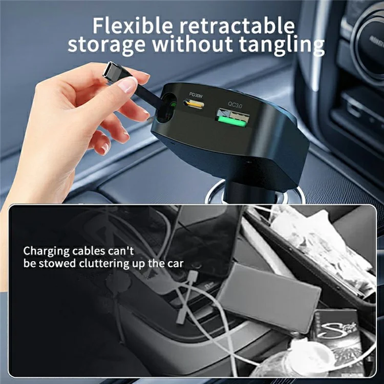 K38 USB + Type-C Car Charger PD 30W Fast Charging Cigarette Lighter Adapter with Retractable Cable