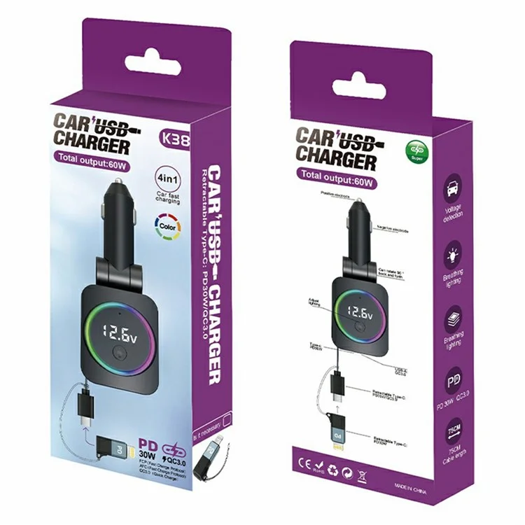 K38 USB + Type-C Car Charger PD 30W Fast Charging Cigarette Lighter Adapter with Retractable Cable
