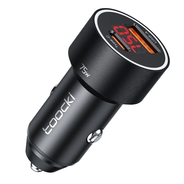 Chargeur de voiture TOOCKI TQ-CC08 75W en alliage d'aluminium avec affichage numérique, adaptateur de charge rapide double port USB A + Type C
