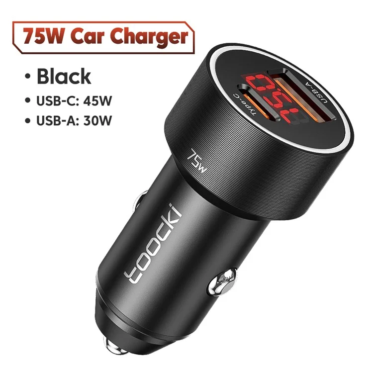 Chargeur de voiture TOOCKI TQ-CC08 75W en alliage d'aluminium avec affichage numérique, adaptateur de charge rapide double port USB A + Type C