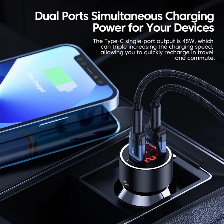Chargeur de voiture TOOCKI TQ-CC08 75W en alliage d'aluminium avec affichage numérique, adaptateur de charge rapide double port USB A + Type C