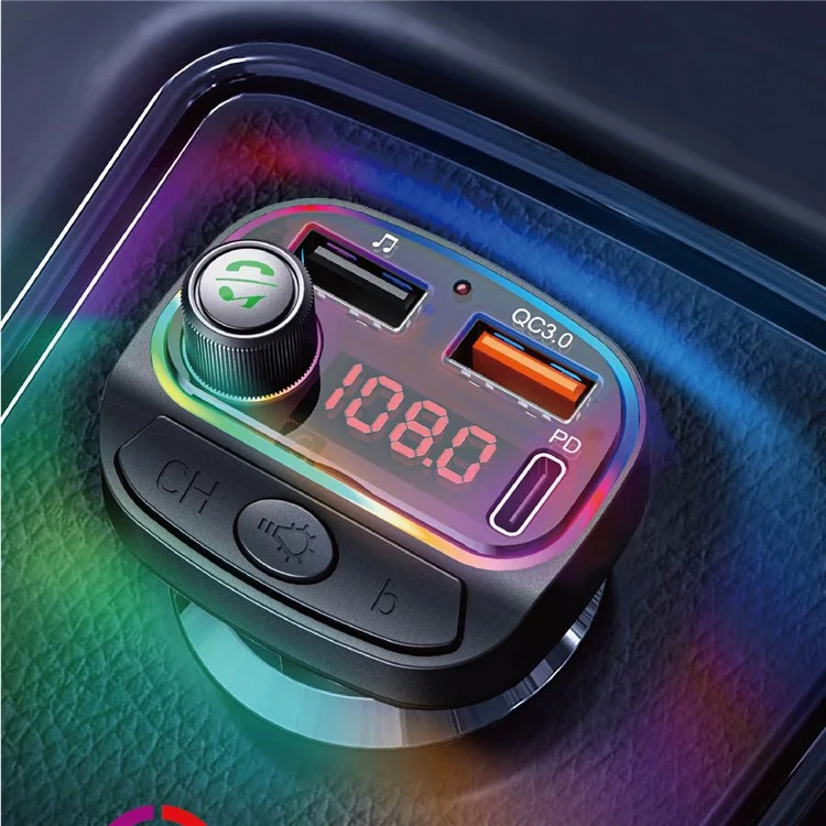 C14 Colorful Light Dual USB Car Bluetooth MP3 Music Player FM QC3.0 PD Fast Speed ​​téléphone Charger