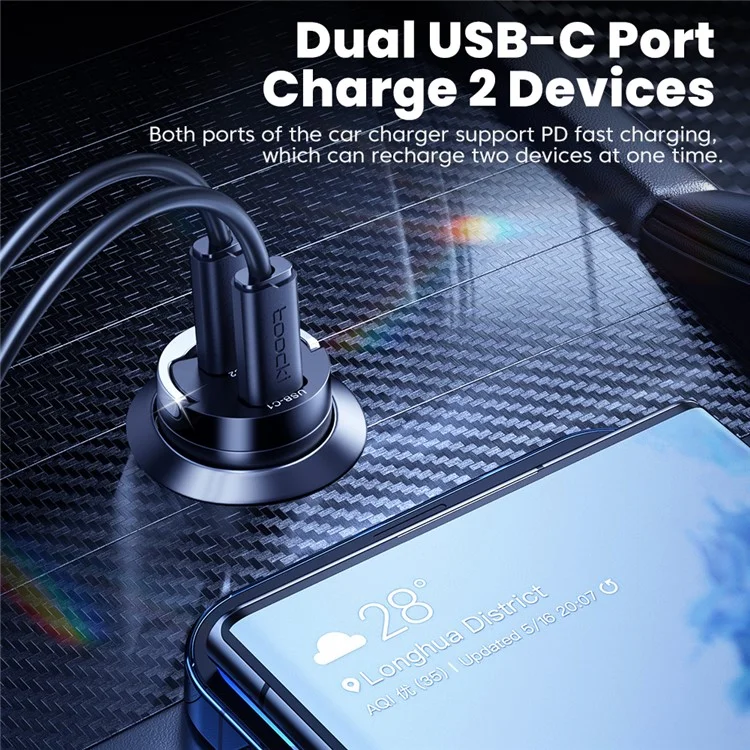 Chargeur de voiture TOOCKI TQ-CC34B Double USB-C 45W Adaptateur de charge rapide avec anneau de traction