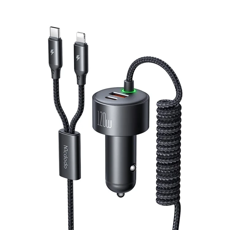 MCDODO CC-037 120W Carregador Veicular de Porta Dupla Carregamento Rápido Cabo de Mola com Cabos USB-C / iP