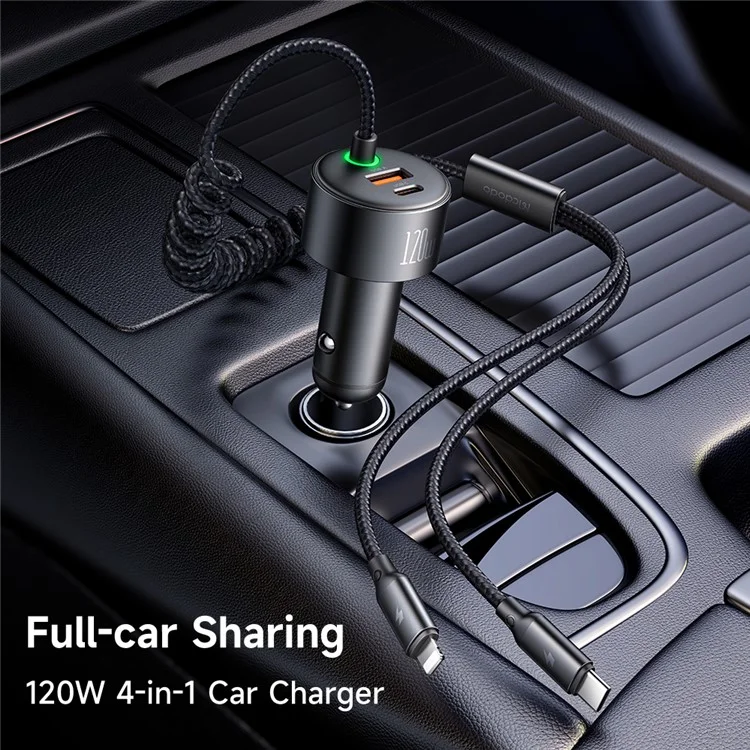MCDODO CC-037 120W Carregador Veicular de Porta Dupla Carregamento Rápido Cabo de Mola com Cabos USB-C / iP