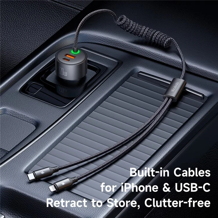 MCDODO CC-037 120W Carregador Veicular de Porta Dupla Carregamento Rápido Cabo de Mola com Cabos USB-C / iP
