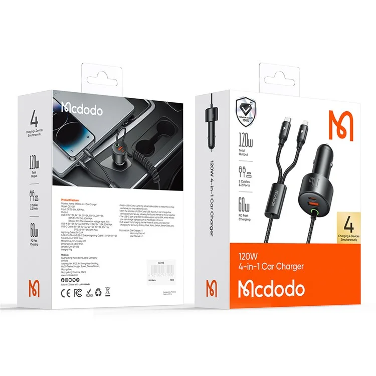 MCDODO CC-037 120W Carregador Veicular de Porta Dupla Carregamento Rápido Cabo de Mola com Cabos USB-C / iP