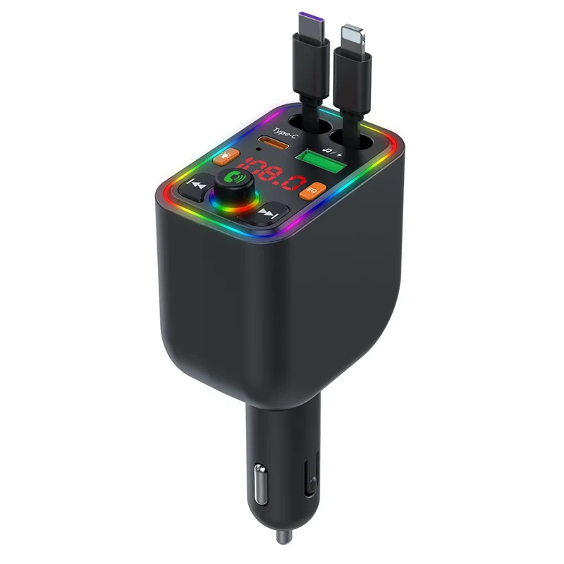 Y6 Car Charger MP3 Player with Retractable Type C + iP Cable EQ Adjustment Bluetooth-Compatible FM Transmitter