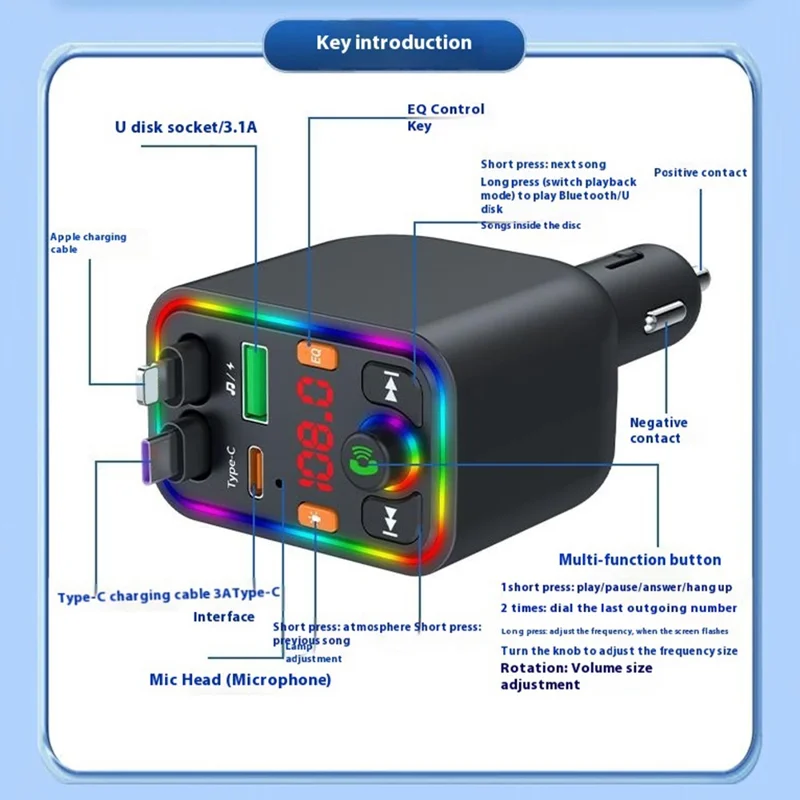 Y6 Car Charger MP3 Player with Retractable Type C + iP Cable EQ Adjustment Bluetooth-Compatible FM Transmitter