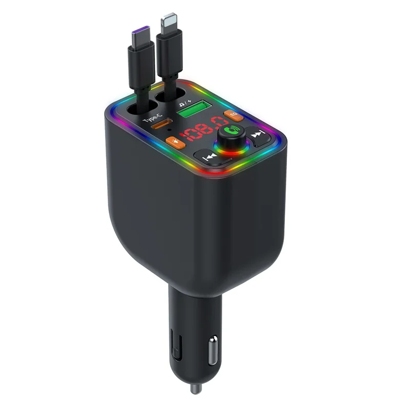 Y6 Car Charger MP3 Player with Retractable Type C + iP Cable EQ Adjustment Bluetooth-Compatible FM Transmitter