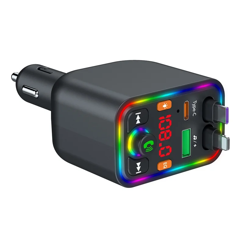 Y6 Car Charger MP3 Player with Retractable Type C + iP Cable EQ Adjustment Bluetooth-Compatible FM Transmitter