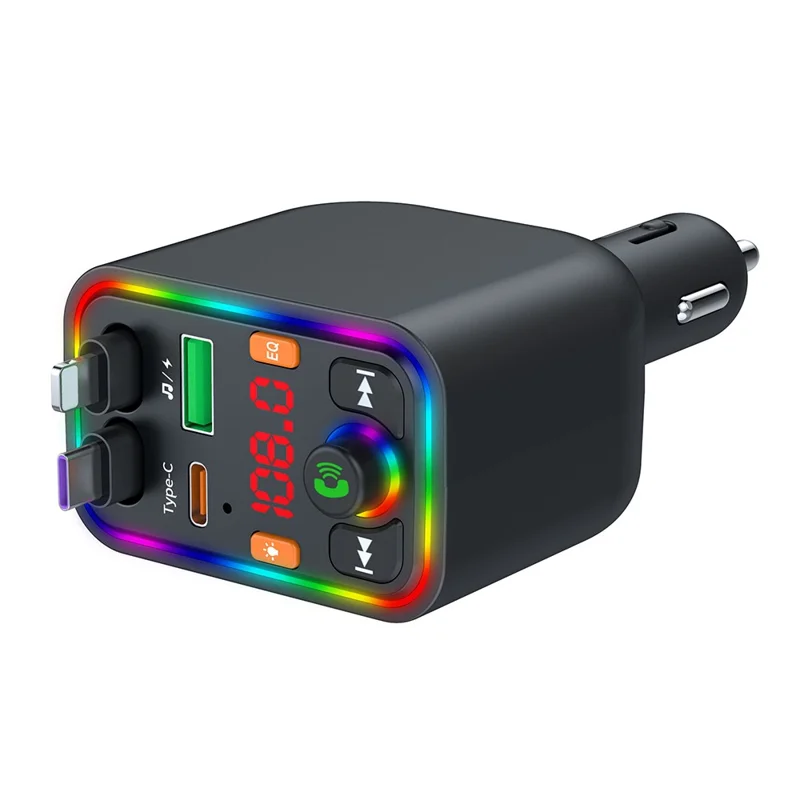 Y6 Car Charger MP3 Player with Retractable Type C + iP Cable EQ Adjustment Bluetooth-Compatible FM Transmitter