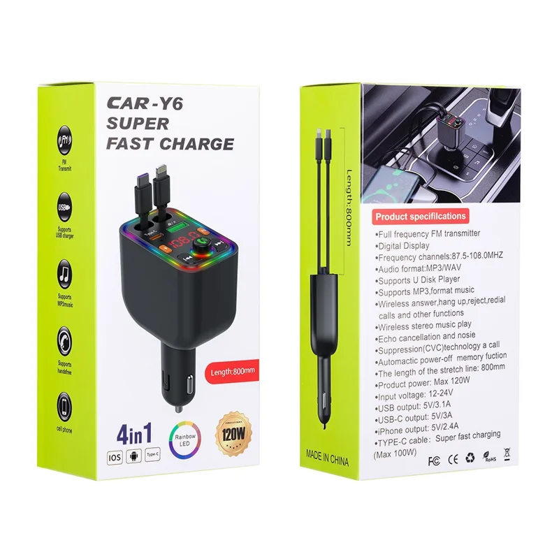 Y6 Car Charger MP3 Player with Retractable Type C + iP Cable EQ Adjustment Bluetooth-Compatible FM Transmitter