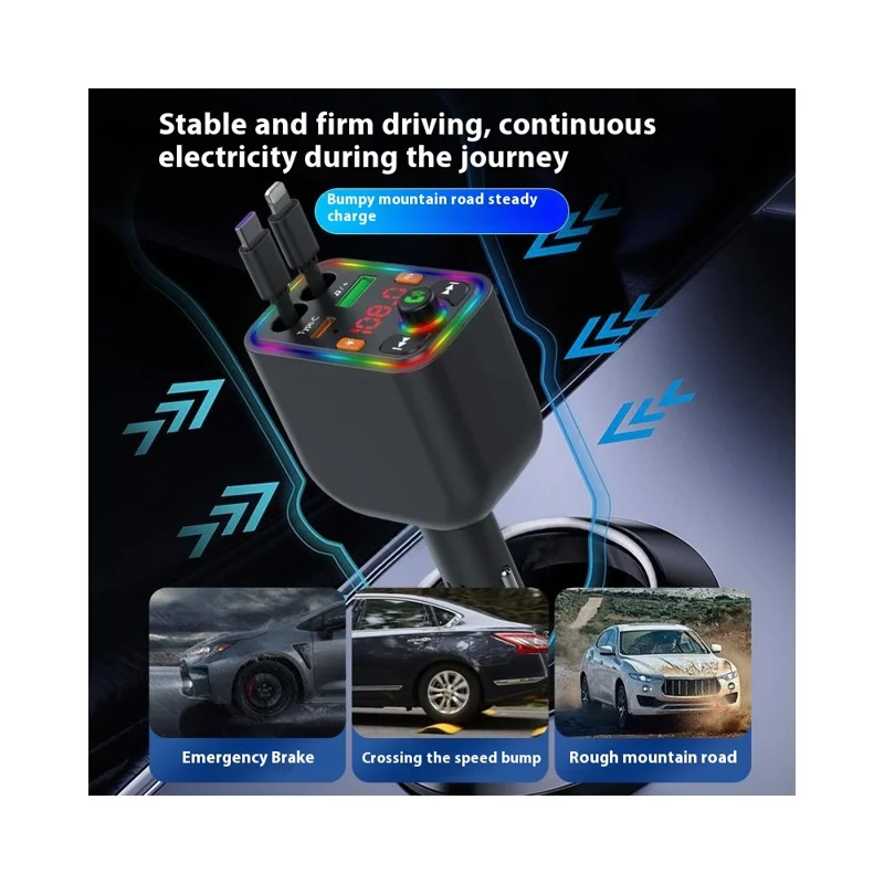Y6 Car Charger MP3 Player with Retractable Type C + iP Cable EQ Adjustment Bluetooth-Compatible FM Transmitter