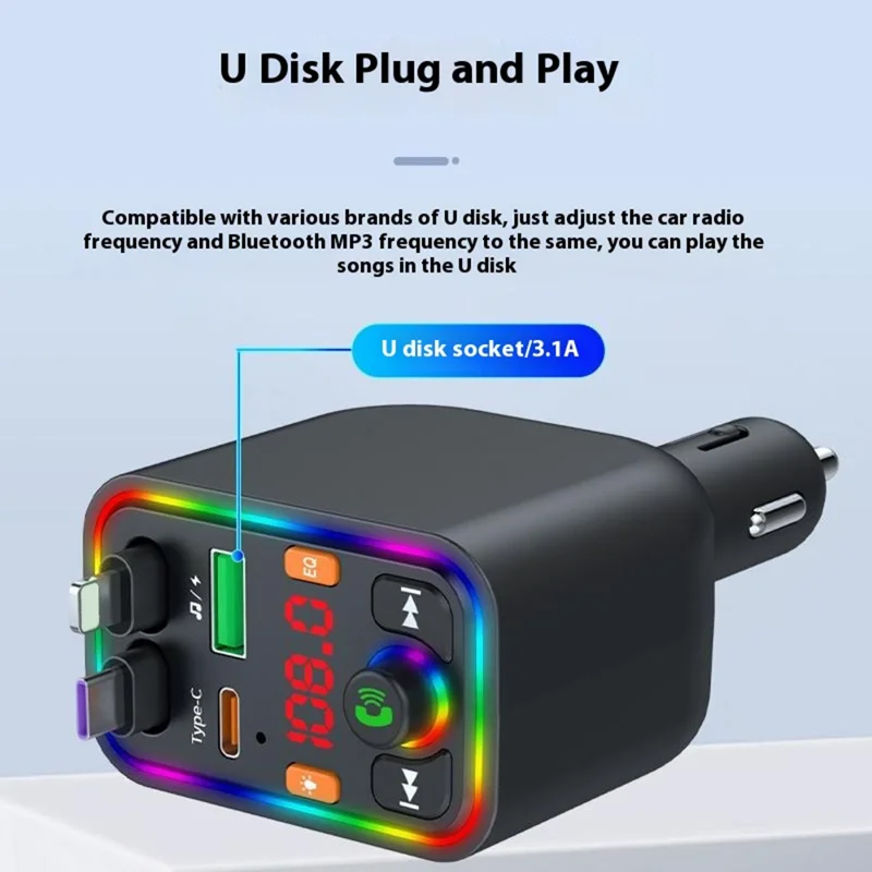 Y6 Car Charger MP3 Player with Retractable Type C + iP Cable EQ Adjustment Bluetooth-Compatible FM Transmitter