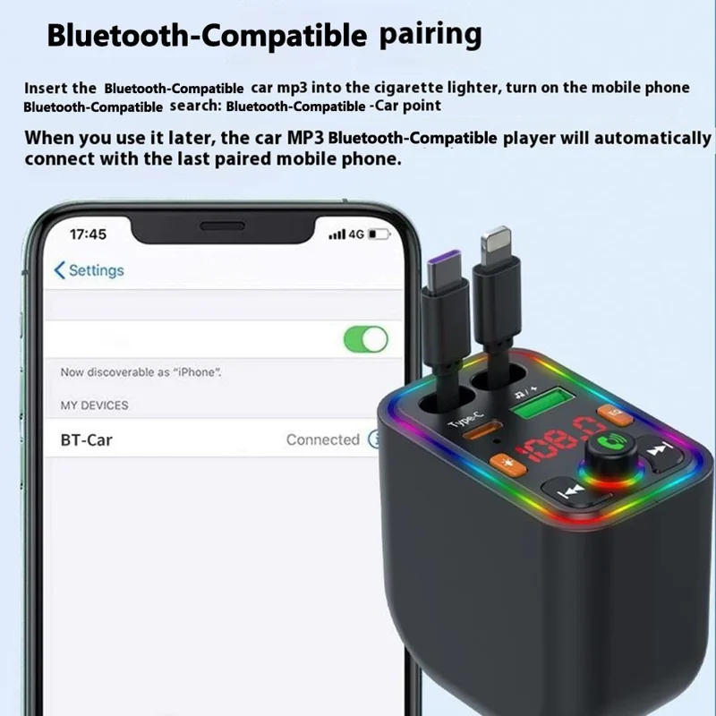 Y6 Car Charger MP3 Player with Retractable Type C + iP Cable EQ Adjustment Bluetooth-Compatible FM Transmitter