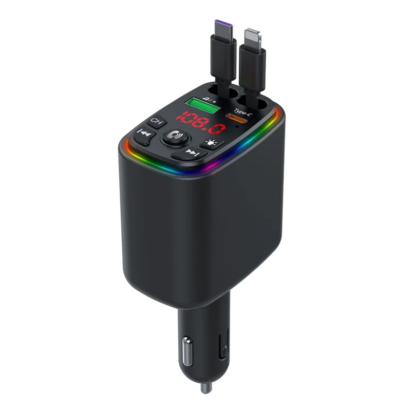 Y9 Voltage Display Car Charger MP3 Player with Retractable Type C + iP Cable Bluetooth-Compatible FM Transmitter