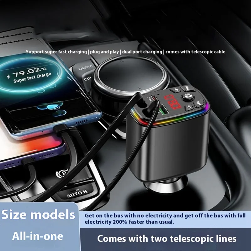 Y9 Voltage Display Car Charger MP3 Player with Retractable Type C + iP Cable Bluetooth-Compatible FM Transmitter