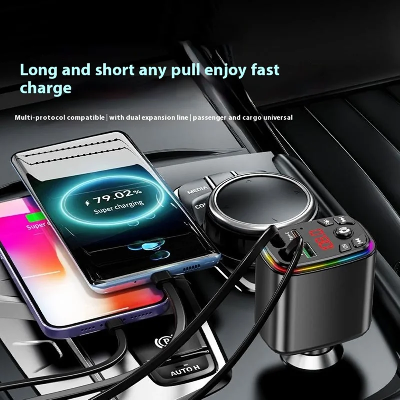 Y9 Voltage Display Car Charger MP3 Player with Retractable Type C + iP Cable Bluetooth-Compatible FM Transmitter
