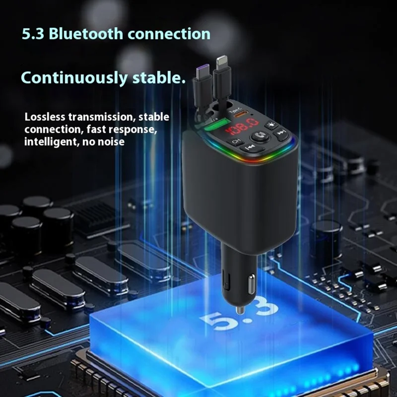 Y9 Voltage Display Car Charger MP3 Player with Retractable Type C + iP Cable Bluetooth-Compatible FM Transmitter