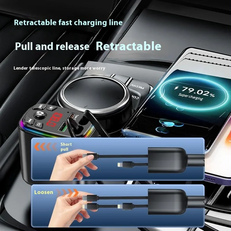 Y9 Voltage Display Car Charger MP3 Player with Retractable Type C + iP Cable Bluetooth-Compatible FM Transmitter