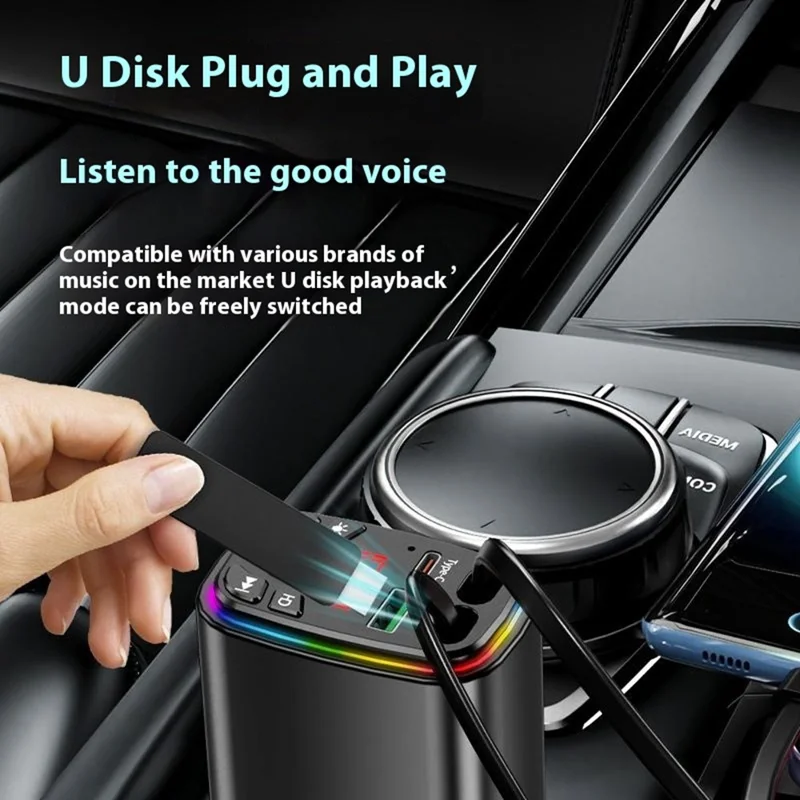 Y9 Voltage Display Car Charger MP3 Player with Retractable Type C + iP Cable Bluetooth-Compatible FM Transmitter