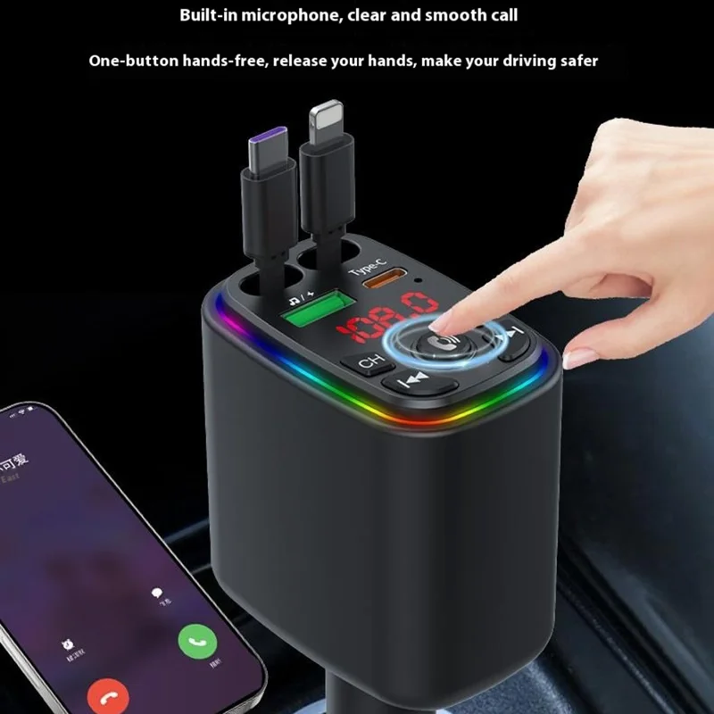 Y9 Voltage Display Car Charger MP3 Player with Retractable Type C + iP Cable Bluetooth-Compatible FM Transmitter