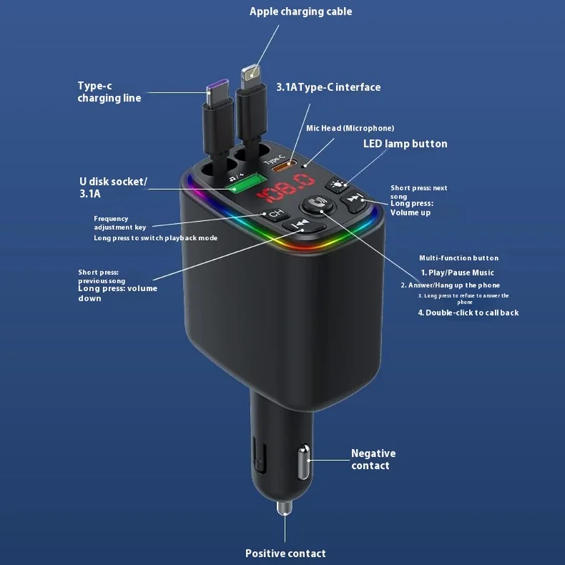 Y9 Voltage Display Car Charger MP3 Player with Retractable Type C + iP Cable Bluetooth-Compatible FM Transmitter