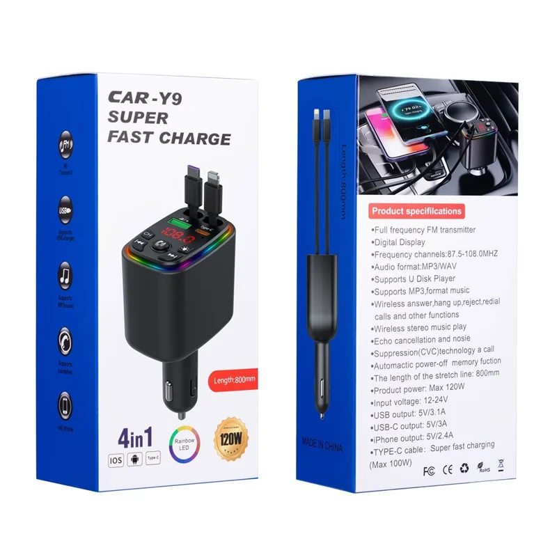 Y9 Voltage Display Car Charger MP3 Player with Retractable Type C + iP Cable Bluetooth-Compatible FM Transmitter