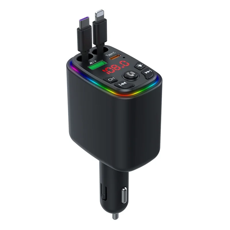 Y9 Voltage Display Car Charger MP3 Player with Retractable Type C + iP Cable Bluetooth-Compatible FM Transmitter