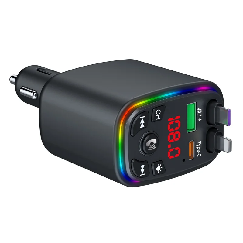 Y9 Voltage Display Car Charger MP3 Player with Retractable Type C + iP Cable Bluetooth-Compatible FM Transmitter