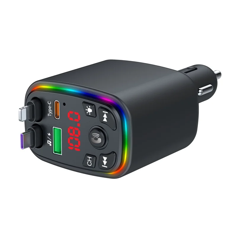 Y9 Voltage Display Car Charger MP3 Player with Retractable Type C + iP Cable Bluetooth-Compatible FM Transmitter