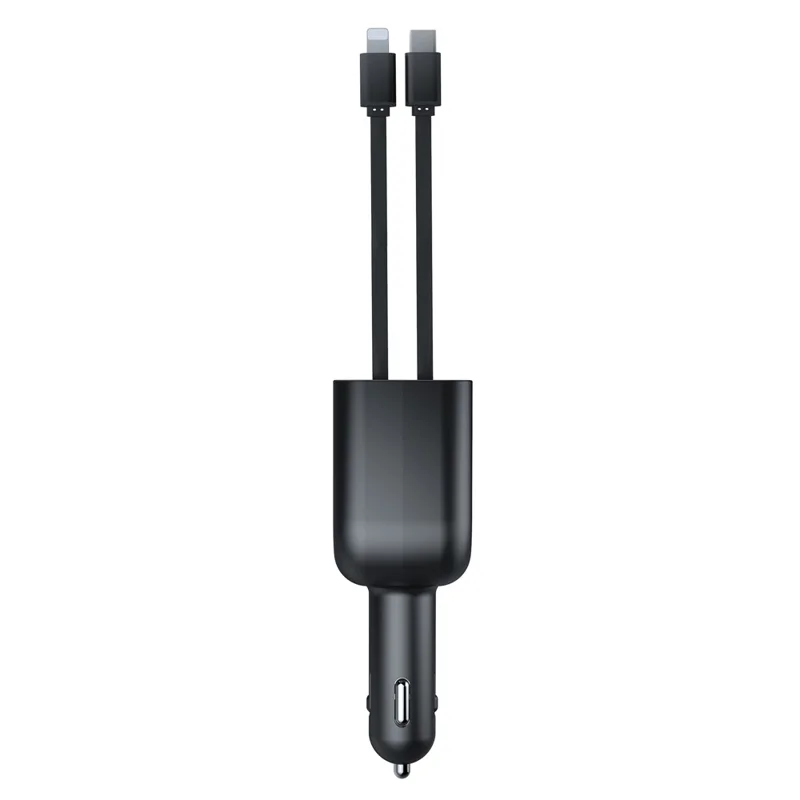 Y9 Voltage Display Car Charger MP3 Player with Retractable Type C + iP Cable Bluetooth-Compatible FM Transmitter