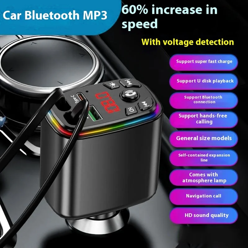 Y9 Voltage Display Car Charger MP3 Player with Retractable Type C + iP Cable Bluetooth-Compatible FM Transmitter