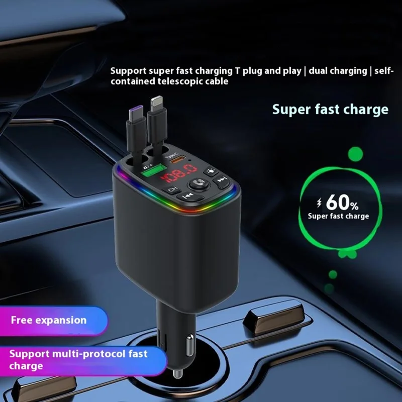 Y9 Voltage Display Car Charger MP3 Player with Retractable Type C + iP Cable Bluetooth-Compatible FM Transmitter