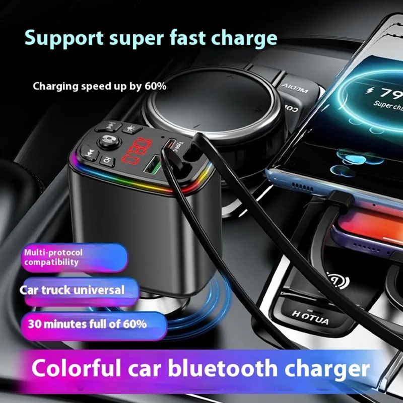 Y9 Voltage Display Car Charger MP3 Player with Retractable Type C + iP Cable Bluetooth-Compatible FM Transmitter