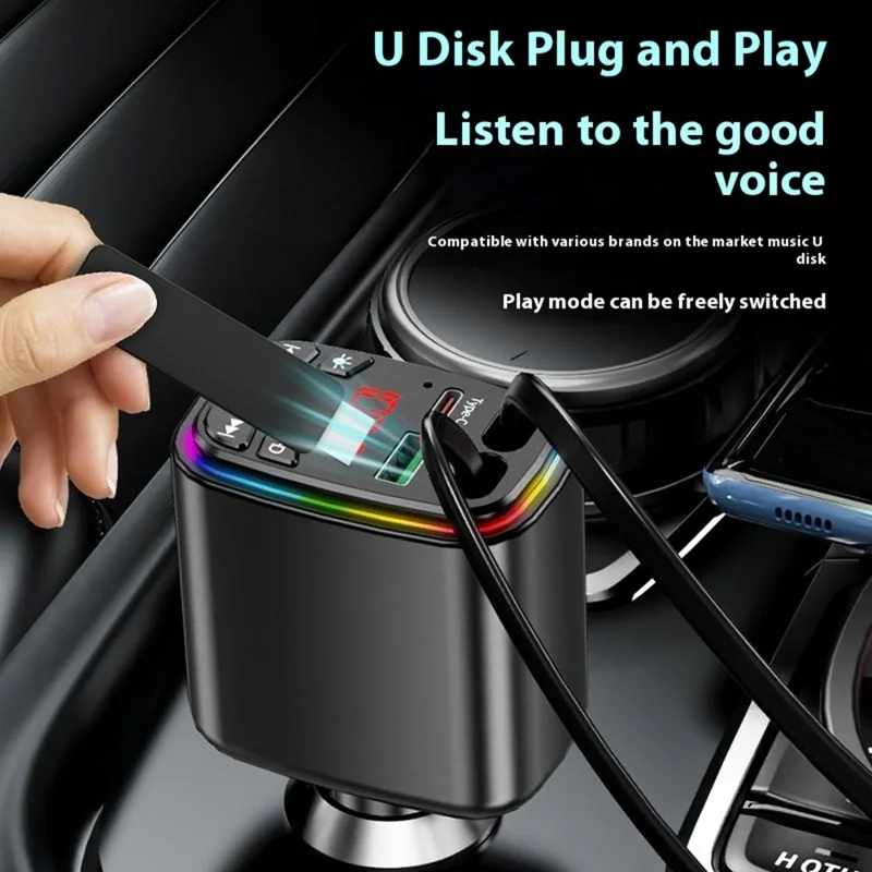 Y9 Voltage Display Car Charger MP3 Player with Retractable Type C + iP Cable Bluetooth-Compatible FM Transmitter