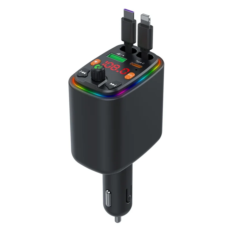 Y10 Car Charger FM Transmitter Bluetooth-Compatible MP3 Player with Retractable Type C + iP Cable