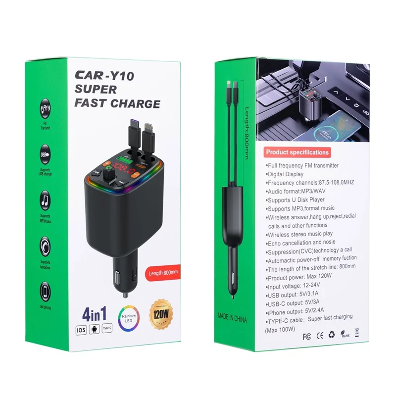 Y10 Car Charger FM Transmitter Bluetooth-Compatible MP3 Player with Retractable Type C + iP Cable