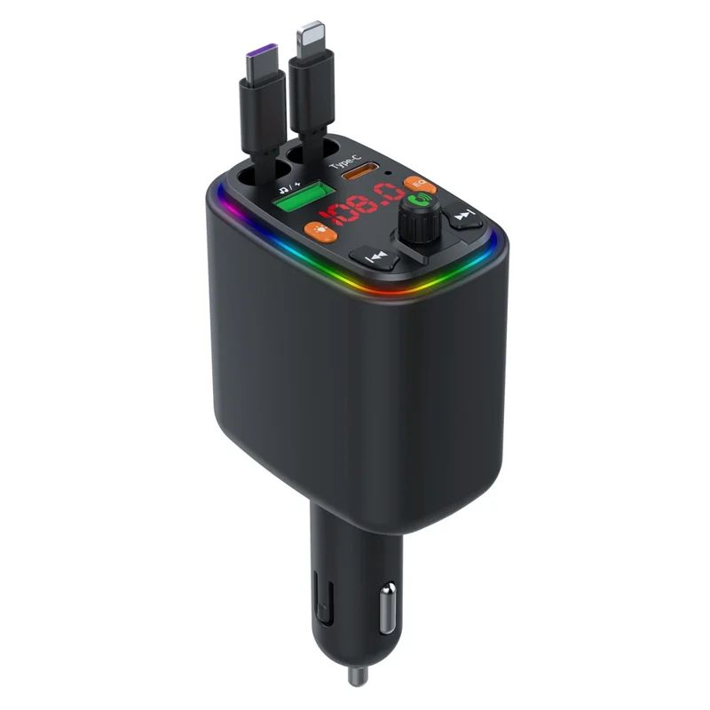 Y10 Car Charger FM Transmitter Bluetooth-Compatible MP3 Player with Retractable Type C + iP Cable