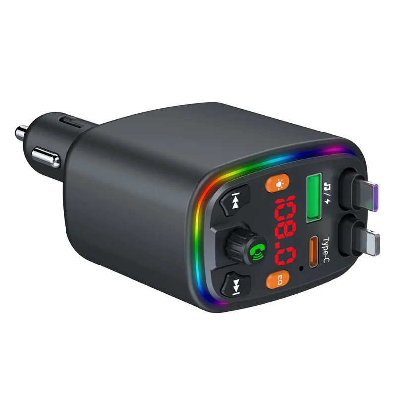 Y10 Car Charger FM Transmitter Bluetooth-Compatible MP3 Player with Retractable Type C + iP Cable