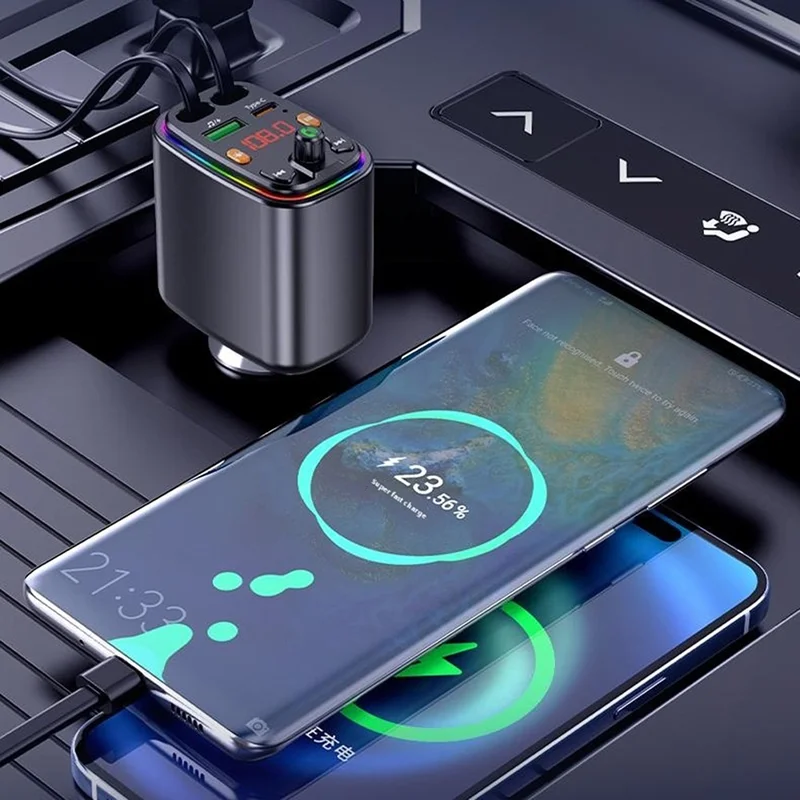 Y10 Car Charger FM Transmitter Bluetooth-Compatible MP3 Player with Retractable Type C + iP Cable