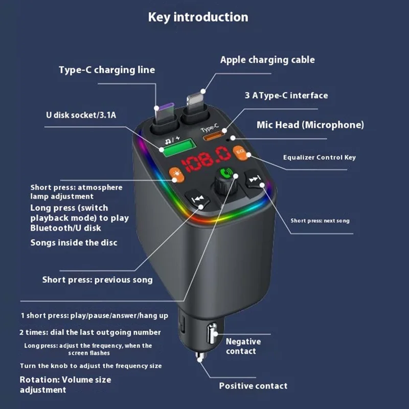Y10 Car Charger FM Transmitter Bluetooth-Compatible MP3 Player with Retractable Type C + iP Cable