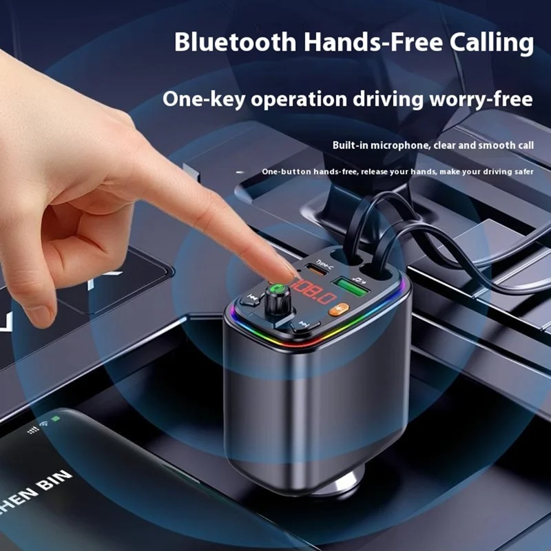 Y10 Car Charger FM Transmitter Bluetooth-Compatible MP3 Player with Retractable Type C + iP Cable