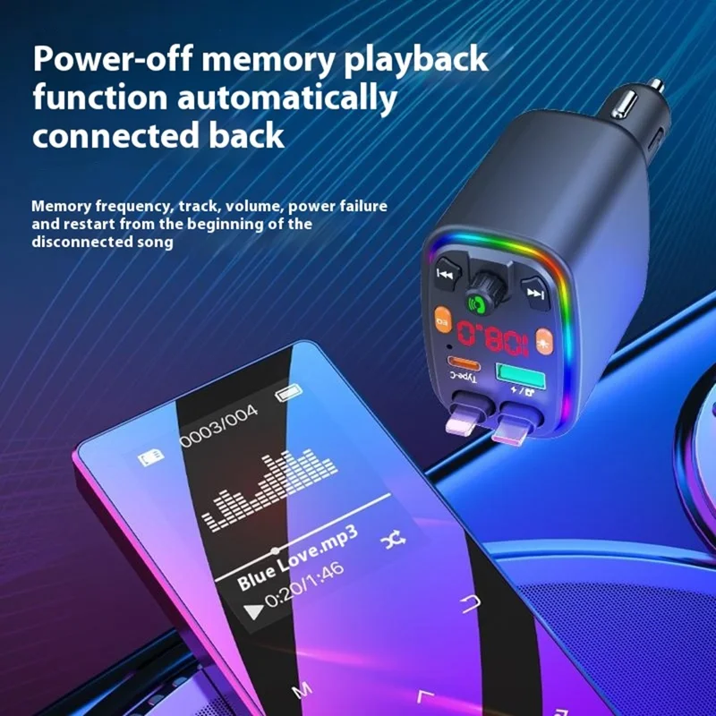 Y10 Car Charger FM Transmitter Bluetooth-Compatible MP3 Player with Retractable Type C + iP Cable